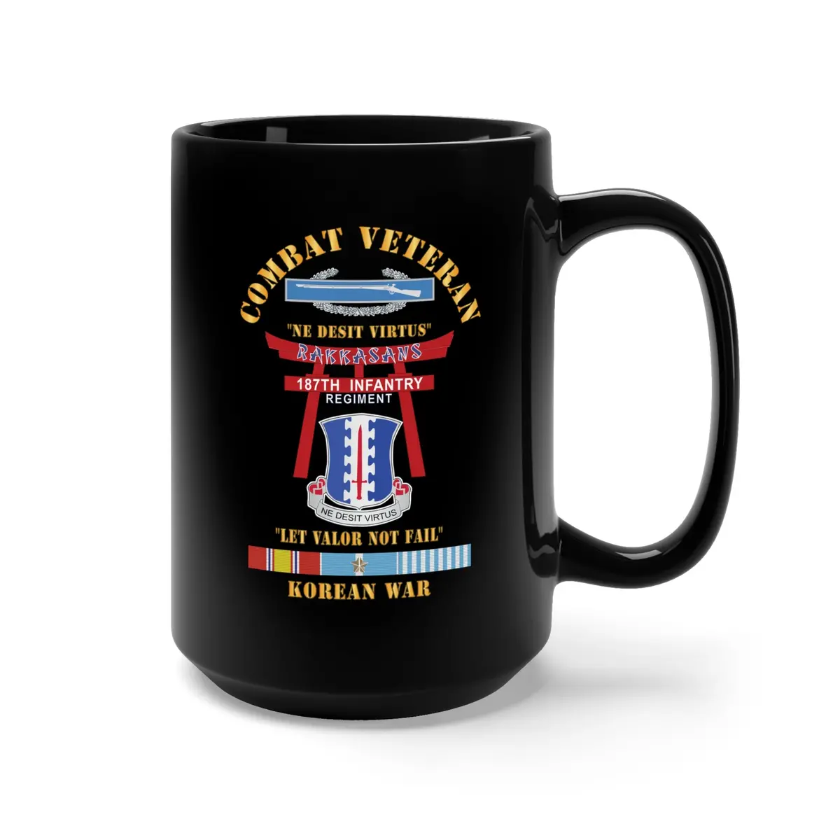 Black Mug 15Oz - Army - Combat Veteran - 187Th Infantry Regiment - Torii, Rakkasans, Let Valor Not Fail, English, Latin W Cib W Korea Svc X 300 2