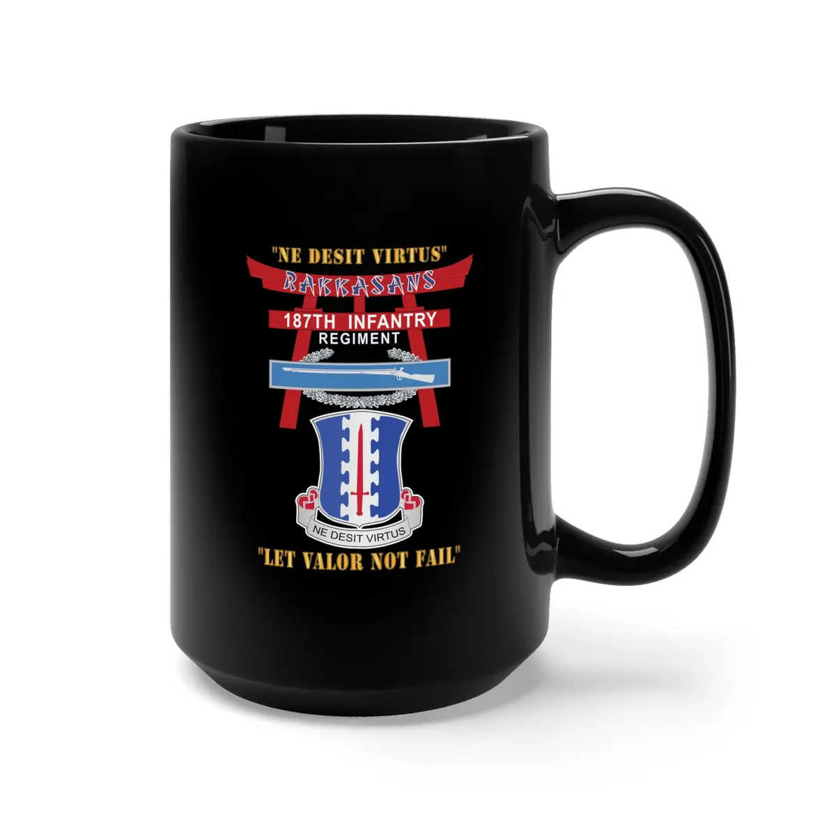Black Mug 15Oz - Army - 187Th Infantry Regiment - Torii, Rakkasans, Let Valor Not Fail, English, Latin W Cib X 300 2