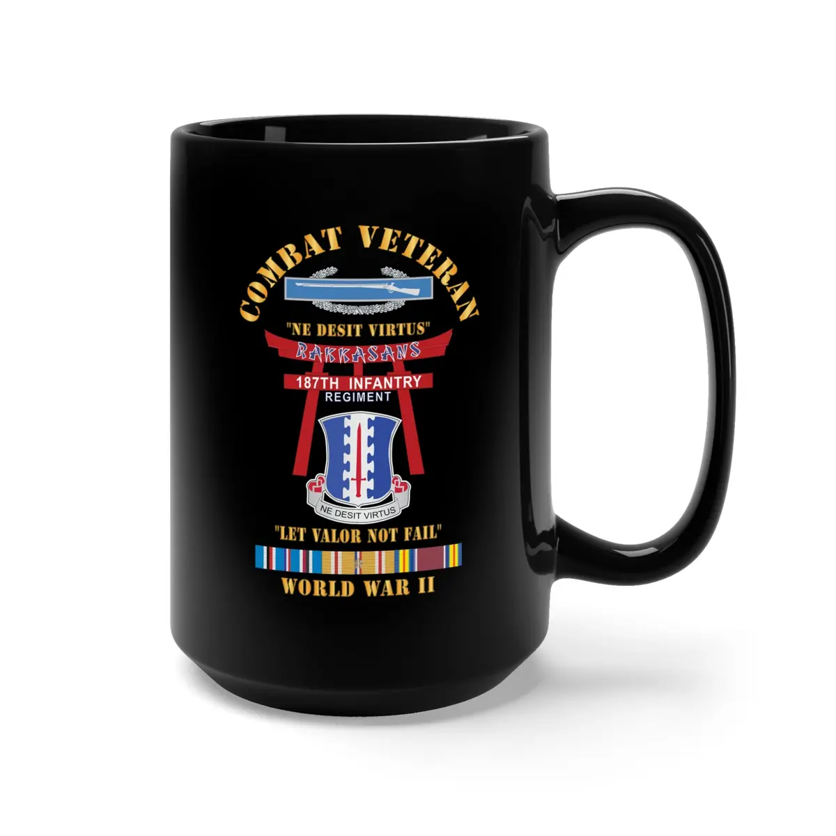 Black Mug 15Oz - Army - Combat Veteran - 187Th Infantry Regiment - Torii, Rakkasans, Let Valor Not Fail, English, Latin W Cib W Wwii Pac Svc X 300 2