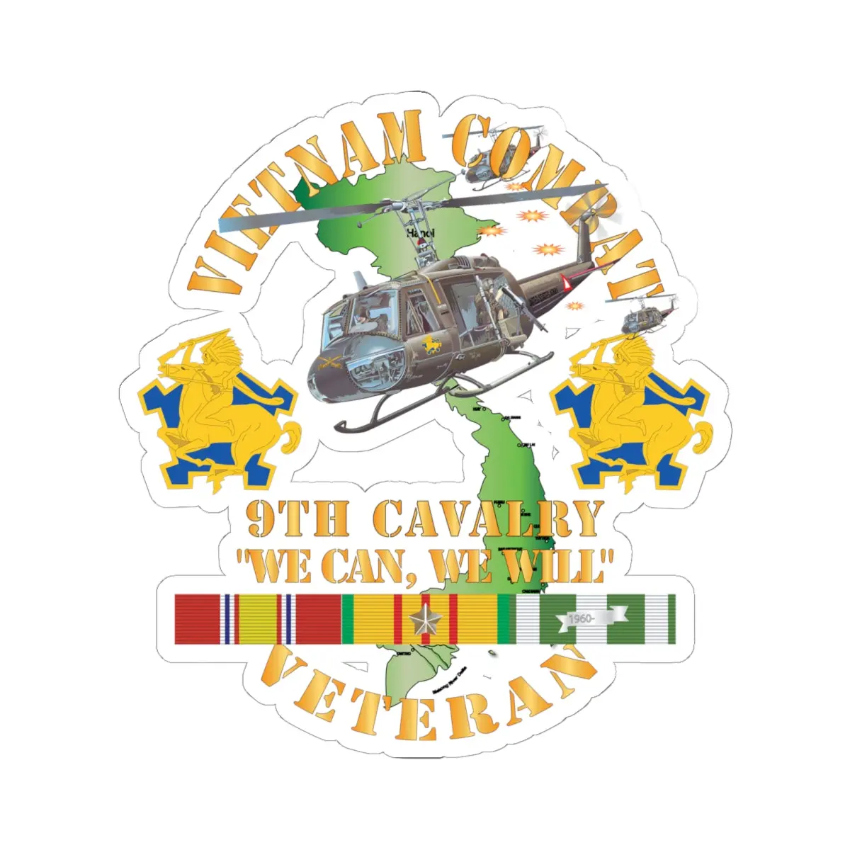 Kiss-Cut Stickers - Army - Vietnam Combat Cavalry Veteran W 9Th Cav Helicopter X 300 1