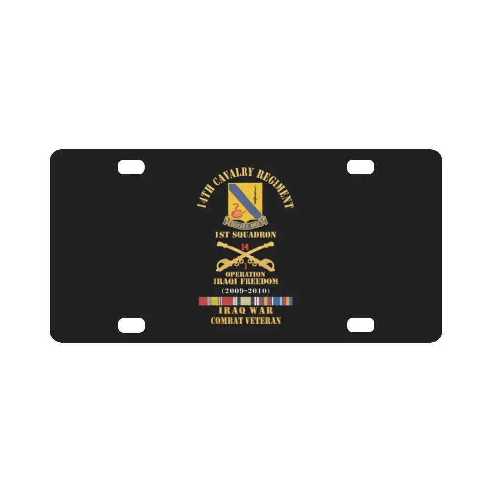 Army - 14Th Cavalry Regiment W Cav Br - 1St Squadron - Oif - 2009-2010 - Red Txt Cbt Vet W Iraq Svc Classic License Plate 1