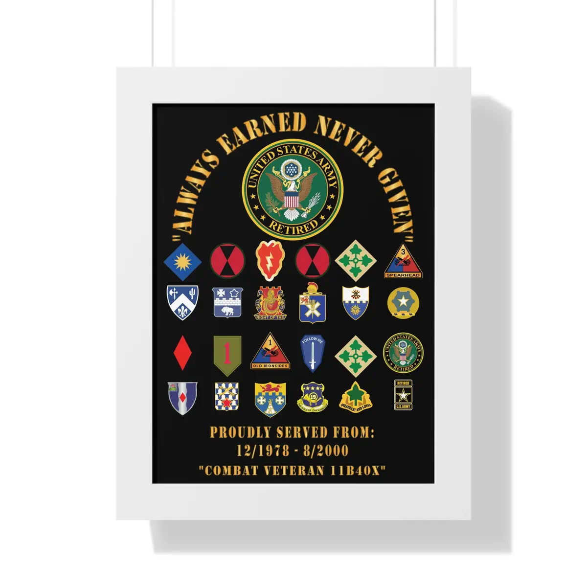 Honorable Veteran Framed Poster, Military Wall Art, Retirement Gift, Veteran's Day Decor, Personalized Military Tribute - Combat Veteran - 11B40x - Retired Army With Multi Units 7