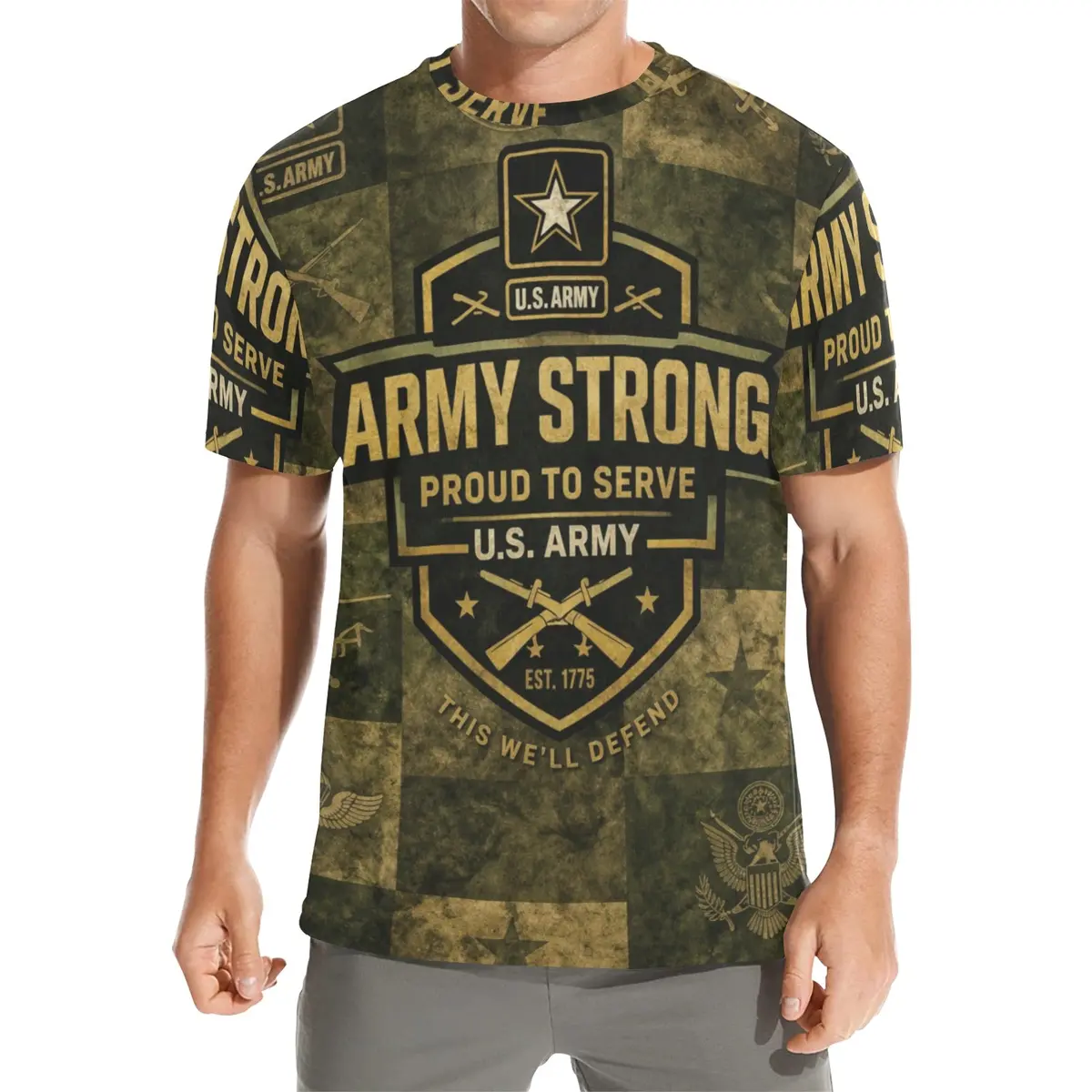 Men's All Over Print Crew Neck T-Shirt - Tribute Tee - United States Army Strong - Proud To Serve Aop 1