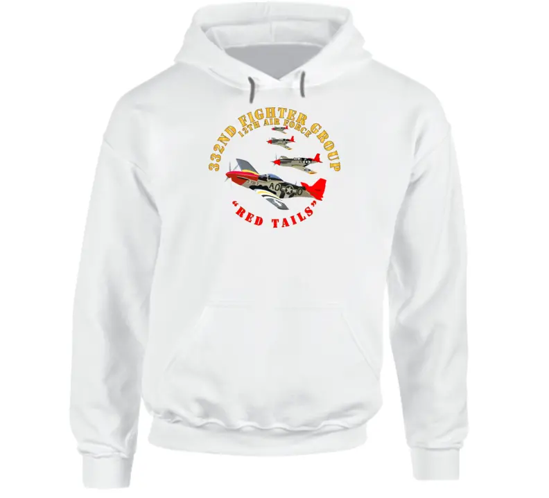 Honoring the legendary Tuskegee Airmen, this hoodie features the iconic 332nd Fighter Group 'Red Tails' insignia and pays tribute to their service with the 12th Air Force during World War II.