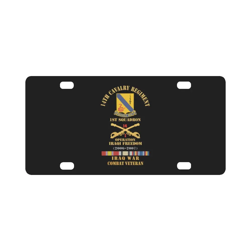 Army - 14Th Cavalry Regiment W Cav Br - 1St Squadron - Oif - 2006-2007 - Red Txt Cbt Vet W Iraq Svc Classic License Plate 1