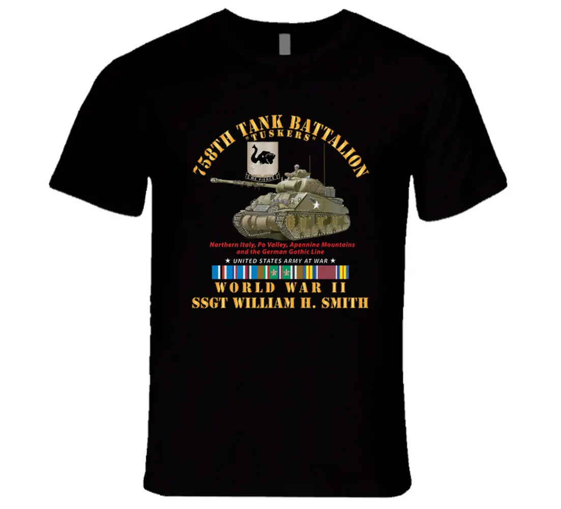 Army - 758Th Tank Battalion, "Tuskers", With Tank, World War Ii With European Theater Service Ribbons - T Shirt - Premium 1