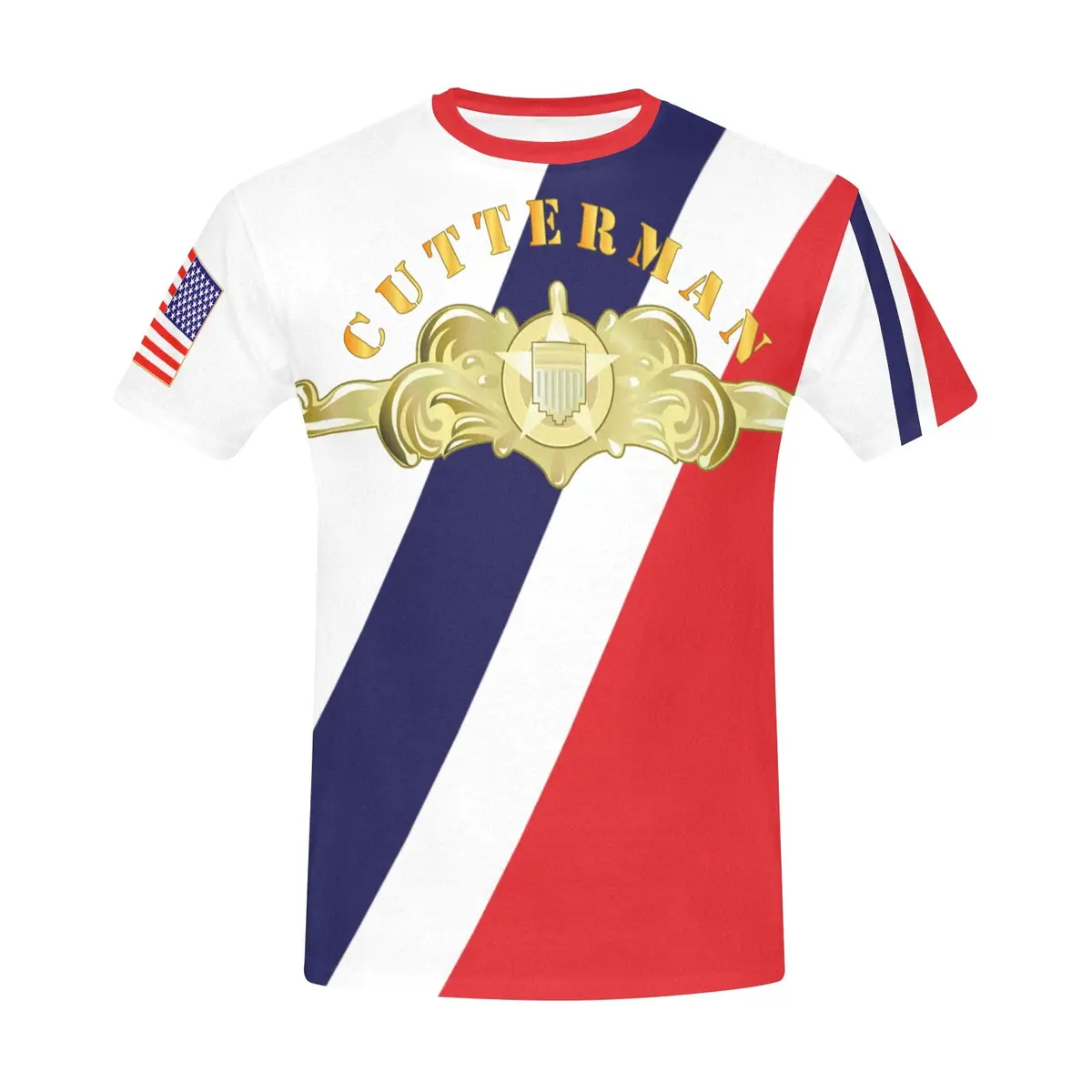 Men's All Over Print Crew Neck T-Shirt - Tribute Tee - Uscg - Cutterman Badge - Officer - Gold W Top Txt 1