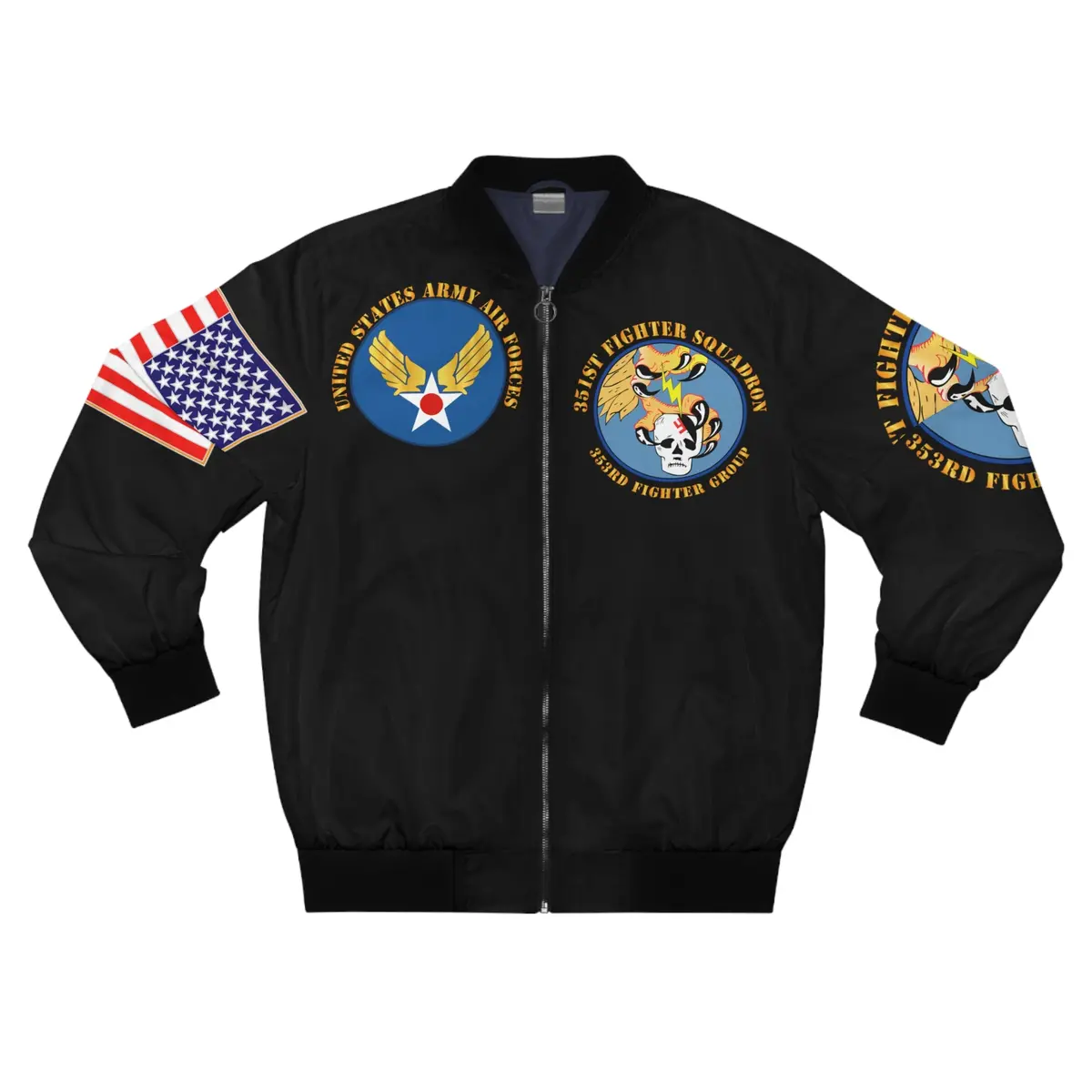 Men's Aop Bomber Jacket - Us Army Air Force - Wwii - 351St Fighter Squadron (Europe) P-51 Mustang Fighter 1