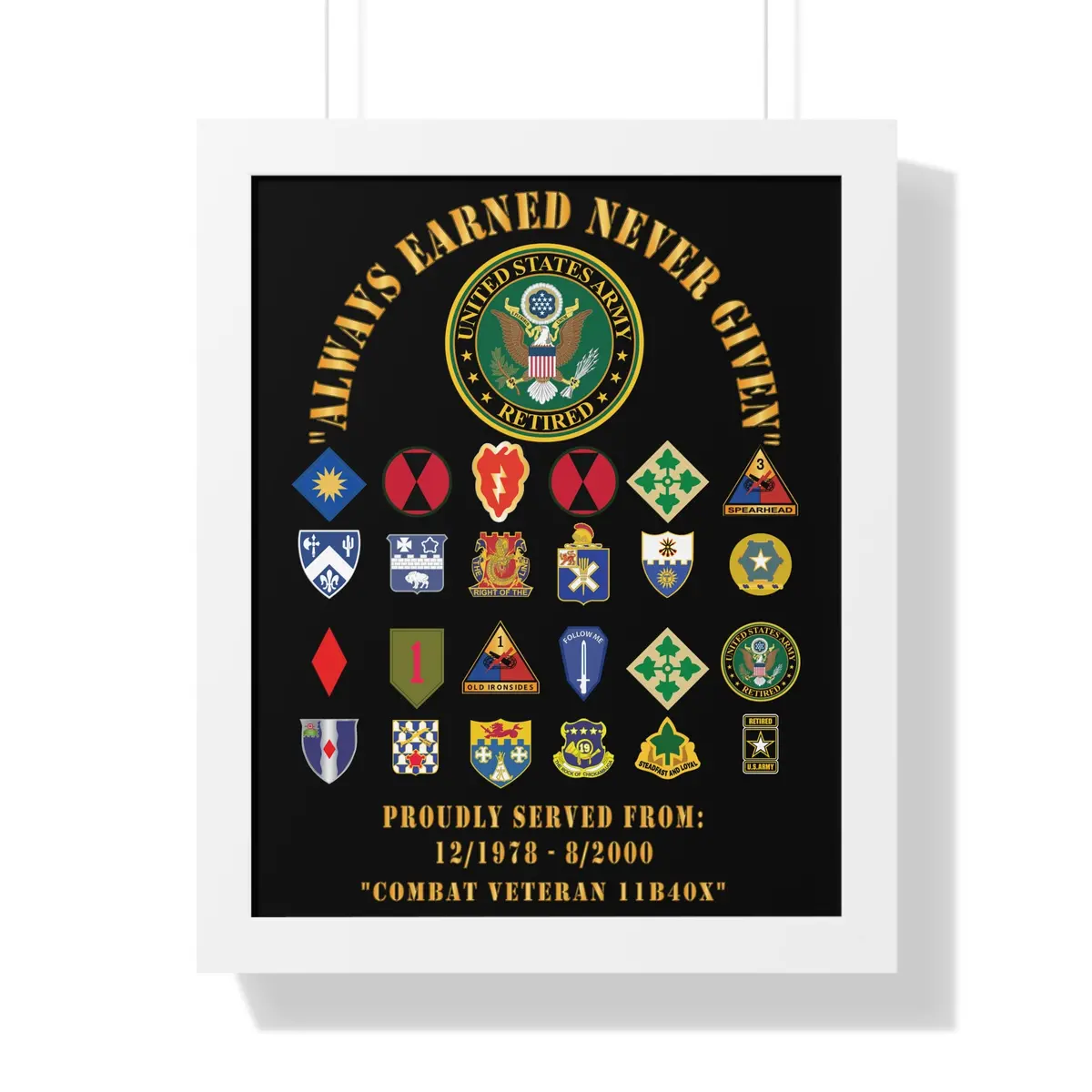 Honorable Veteran Framed Poster, Military Wall Art, Retirement Gift, Veteran's Day Decor, Personalized Military Tribute - Combat Veteran - 11B40x - Retired Army With Multi Units 9
