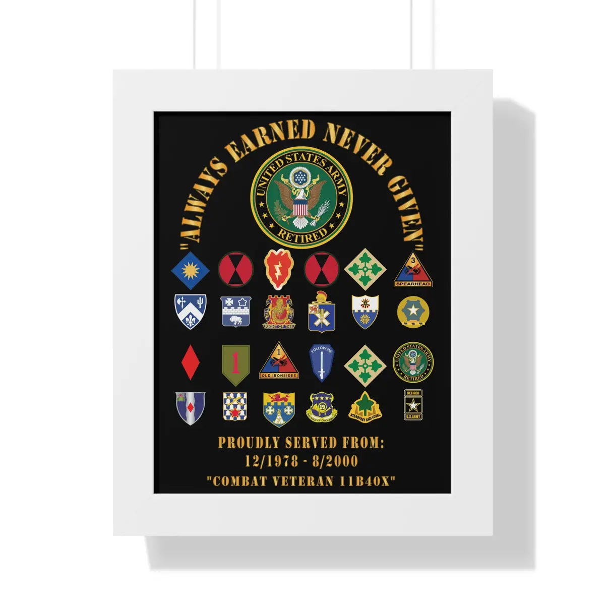 Honorable Veteran Framed Poster, Military Wall Art, Retirement Gift, Veteran's Day Decor, Personalized Military Tribute - Combat Veteran - 11B40x - Retired Army With Multi Units 6