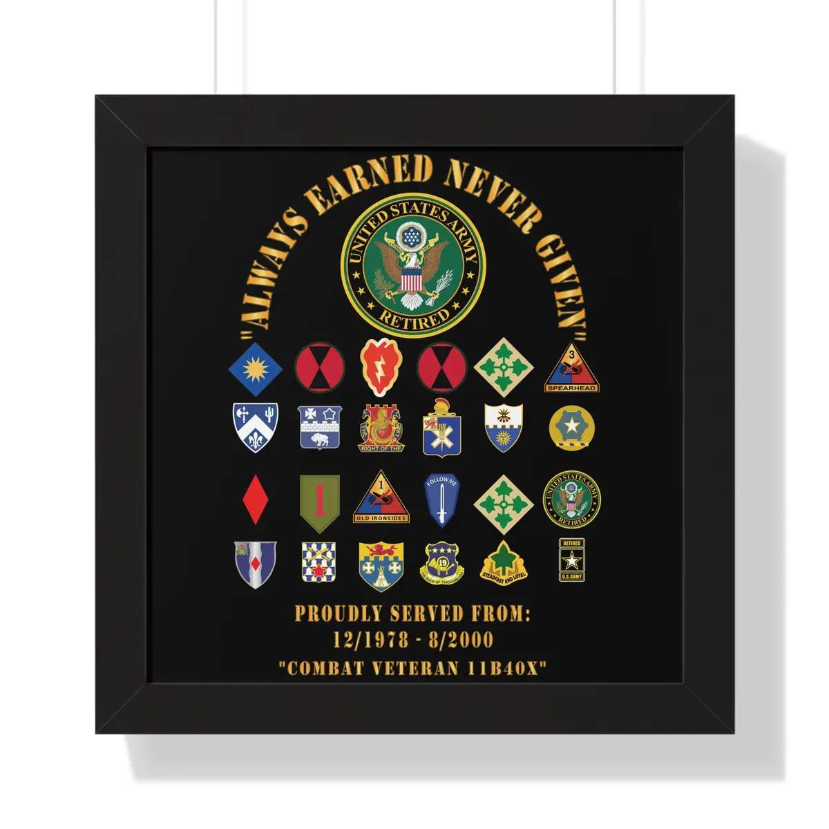 Honorable Veteran Framed Poster, Military Wall Art, Retirement Gift, Veteran's Day Decor, Personalized Military Tribute - Combat Veteran - 11B40x - Retired Army With Multi Units 9