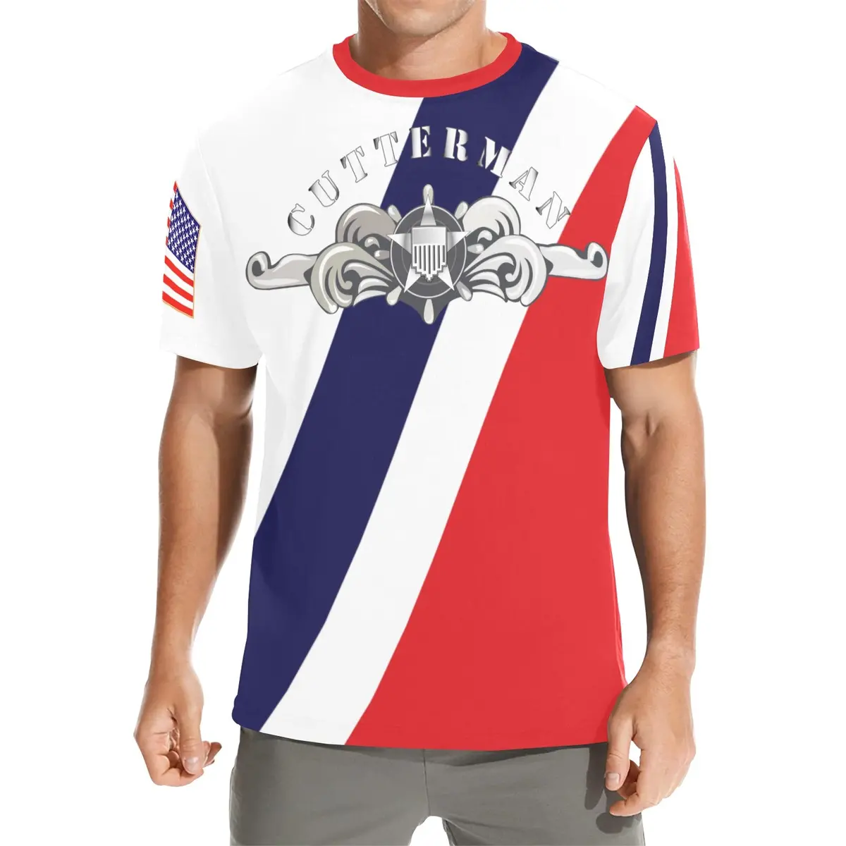 Men's All Over Print Crew Neck T-Shirt - Tribute Tee - Uscg - Cutterman Badge - Enlisted - Silver W Top Txt 1
