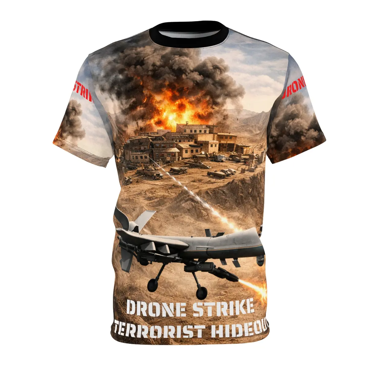 All-Over Print Tee — "Drone Strike Against Terrorist Training Facility" Graphic 1