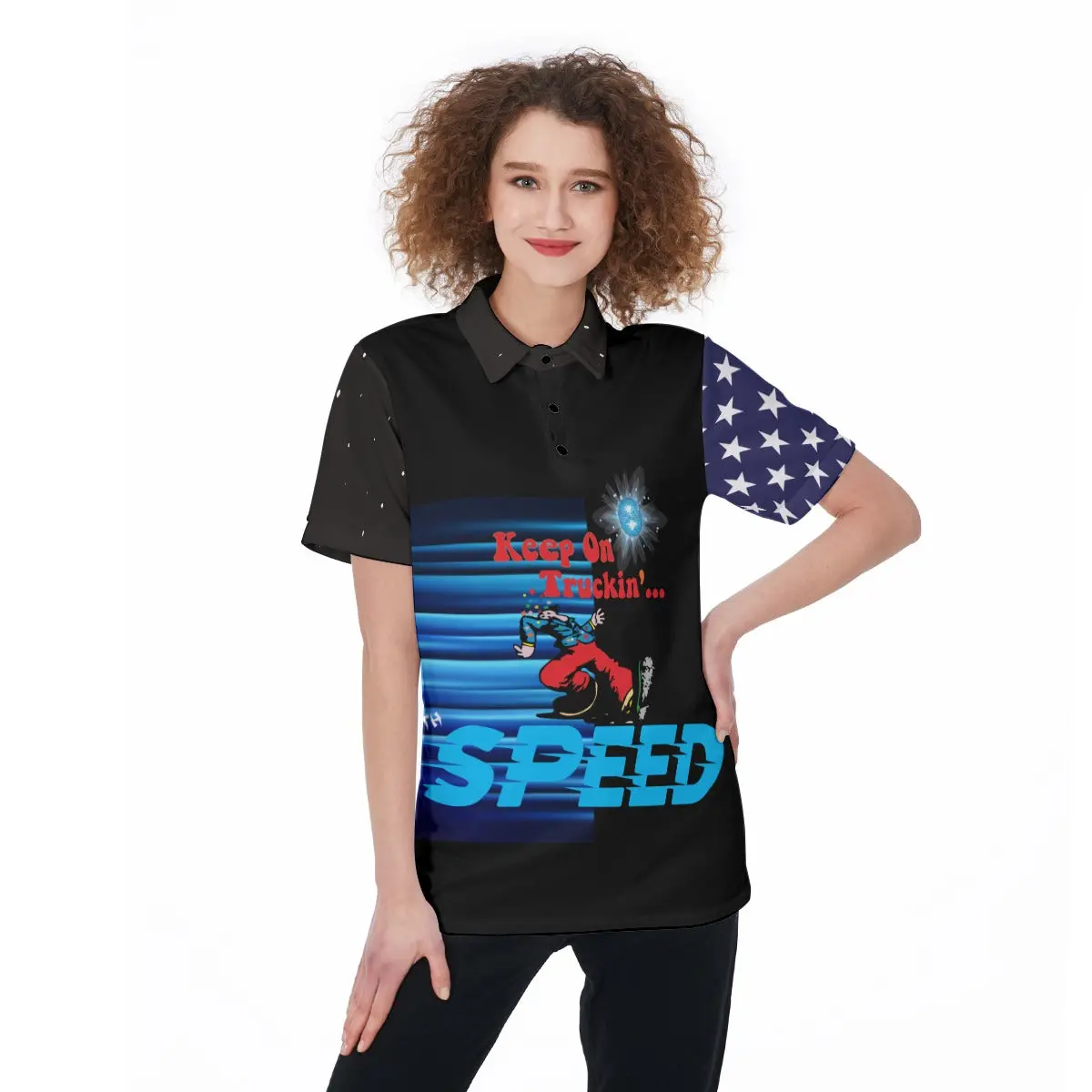 All-Over Print Women's Polo Shirt - Keep On Truckin W Speed 1