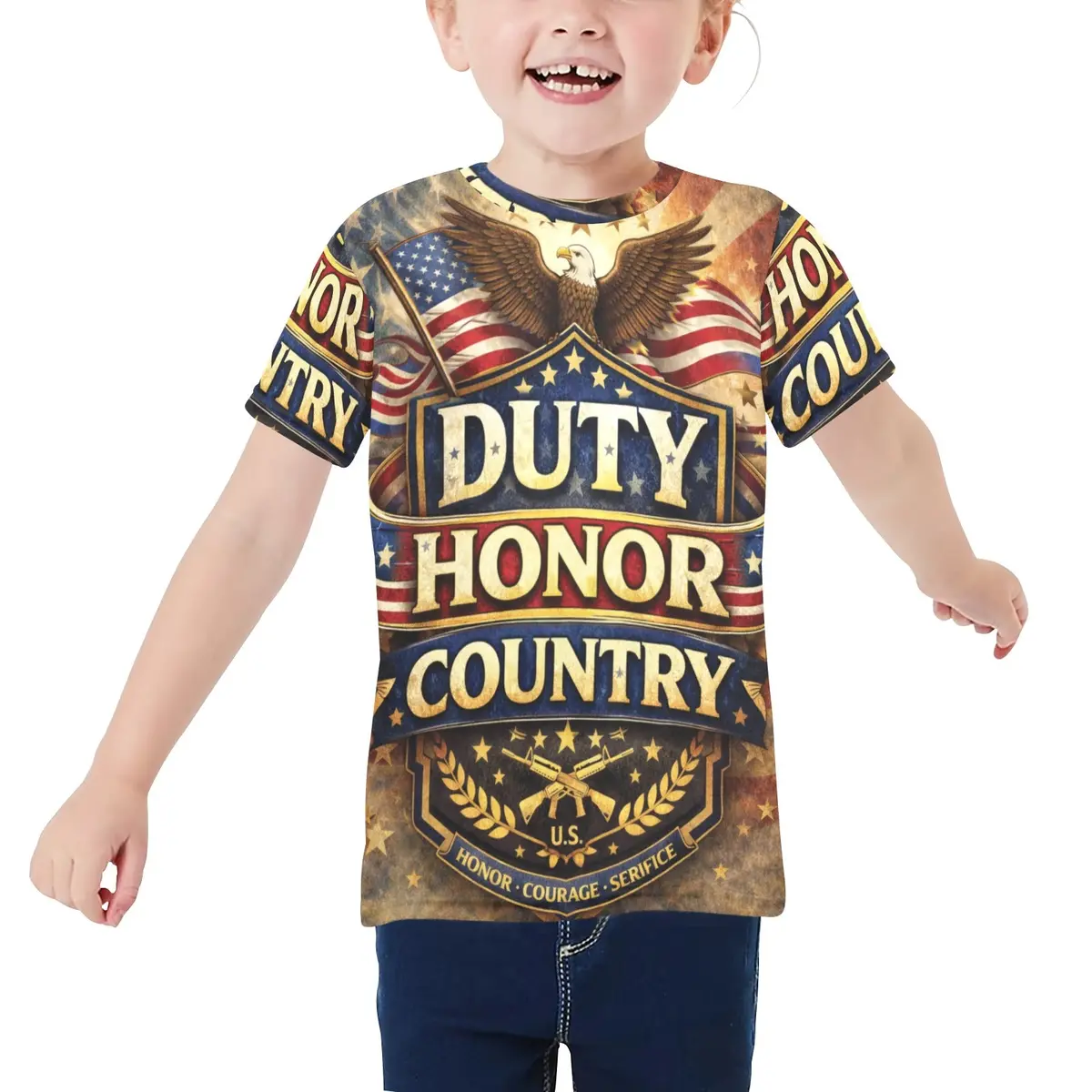Little Kids' All Over Print Crew Neck T-Shirt - Proud To Serve - Patriot Shirt - Duty Honor Country 1