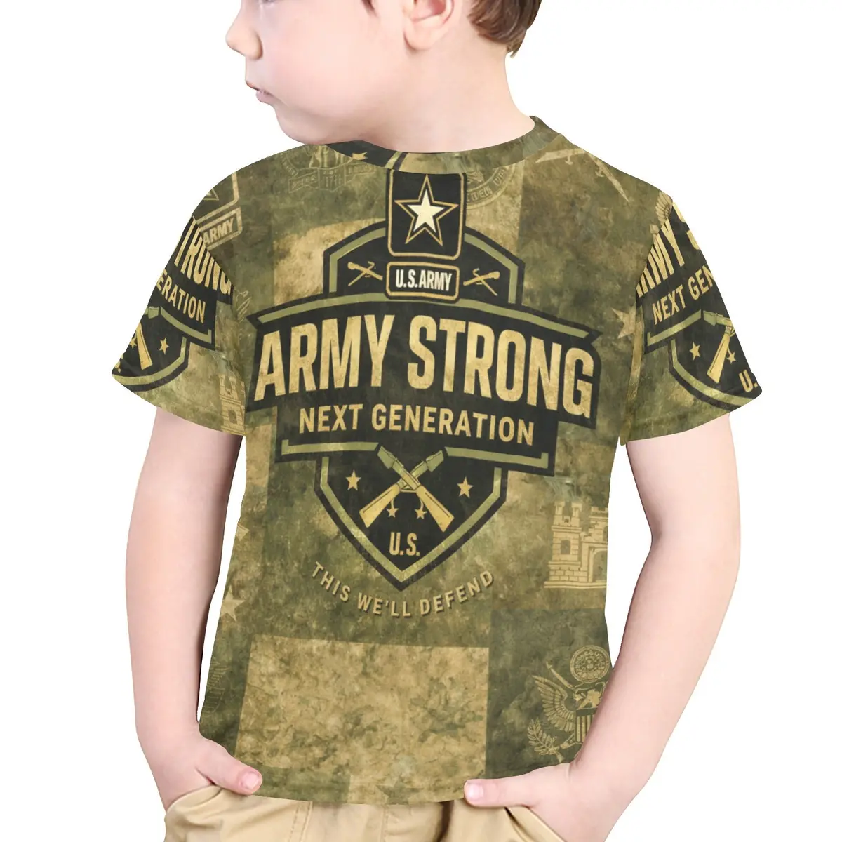 Little Kids' All Over Print Crew Neck T-Shirt -  Young Patriot - Army 1