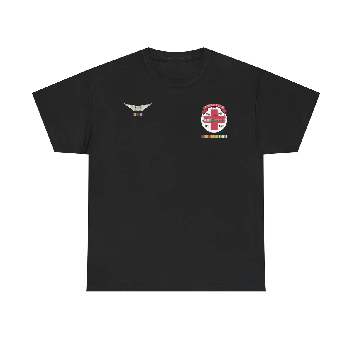 T-Shirt — - 57Th Medical Detachment "Original Dustoff" With Aviator Wings, Air Medal W Number 33 And Vietnam Service 7