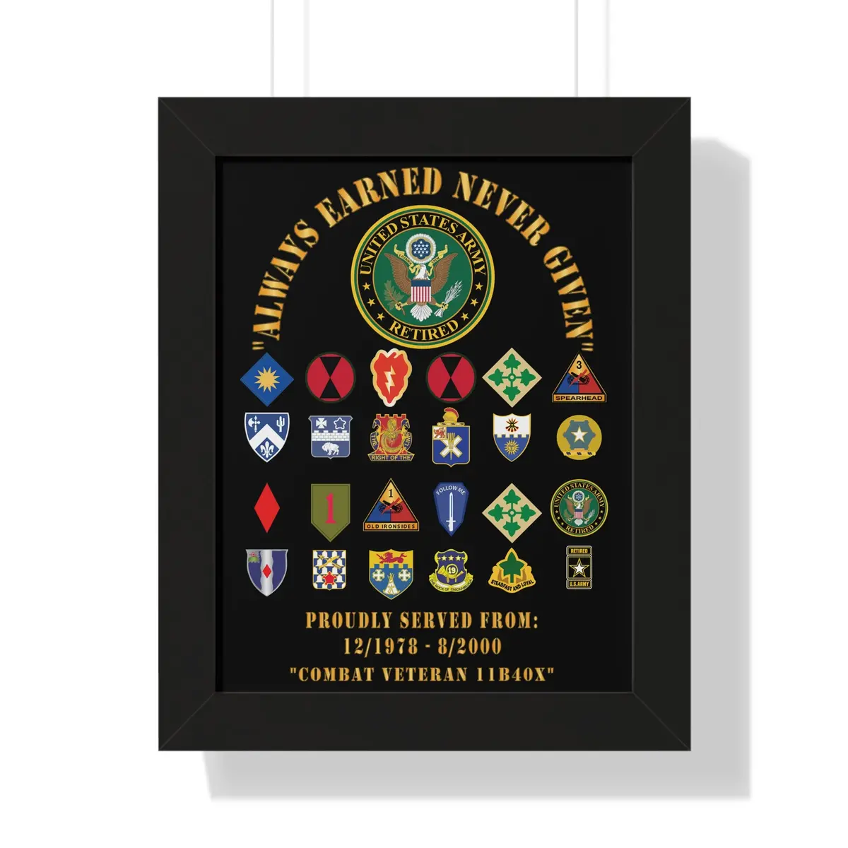 Honorable Veteran Framed Poster, Military Wall Art, Retirement Gift, Veteran's Day Decor, Personalized Military Tribute - Combat Veteran - 11B40x - Retired Army With Multi Units 2