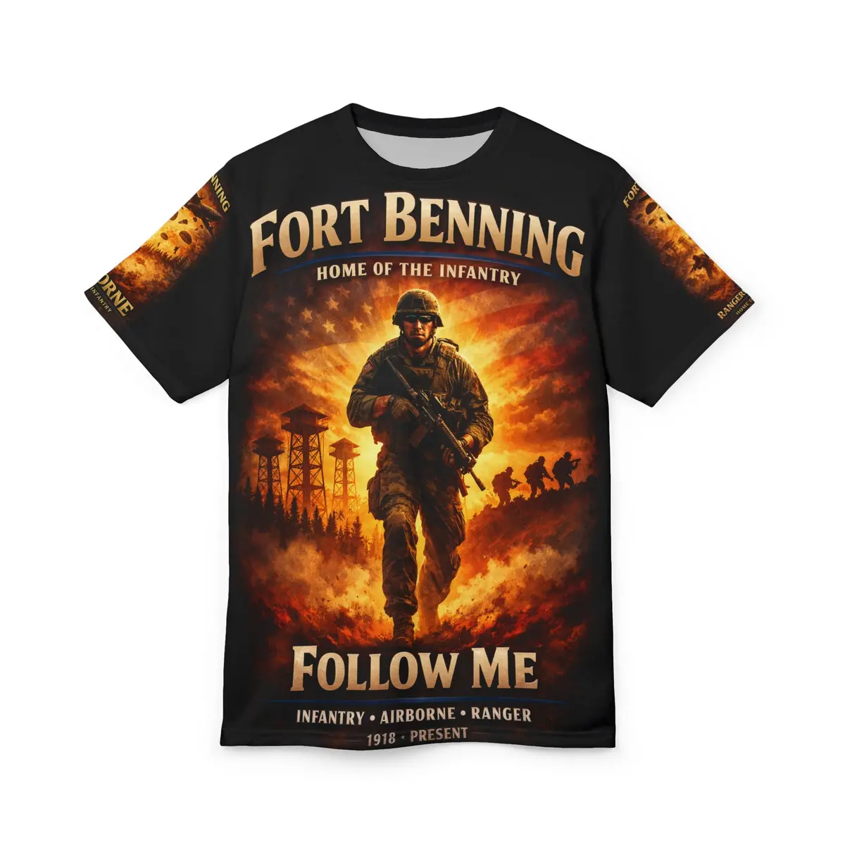 Fort Benning Infantry Tribute All‑Over Print Tee — "Follow Me, I Am The Infantry" 2