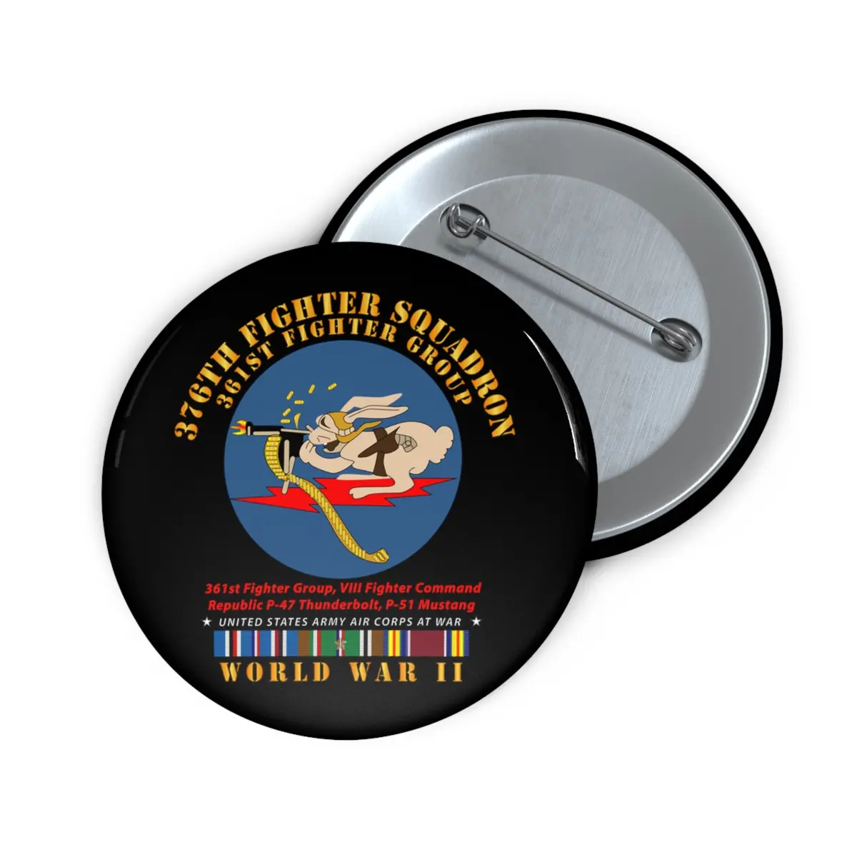 Custom Pin Buttons - Army - 376Th Fighter Squadron - Aac At War W  Wwii  Eu Svc 1