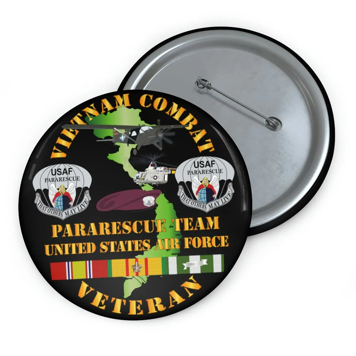 Custom Pin Buttons - Usaf - Vietnam Combat Veteran W Pararescue Huskie 1