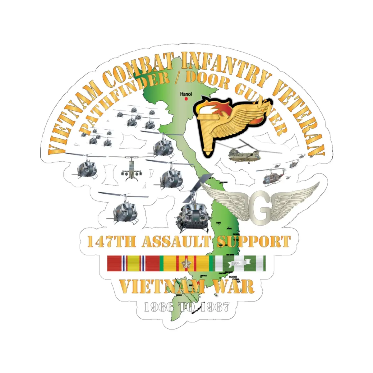 Kiss-Cut Stickers - Vietnam Combat Infantry Veteran - 147Th Assault Support - Pathfinder - Door Gunner W Vn Svc - 66-67 X 300 1
