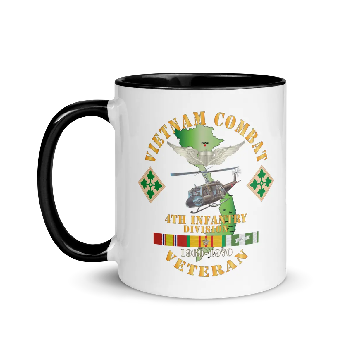 White Ceramic Mug With Color Inside - Army - Vietnam Combat Veteran W Aviator Badge - Plei D’Jerang, Rvn- 4Th Id Ssi V1 X 300 11
