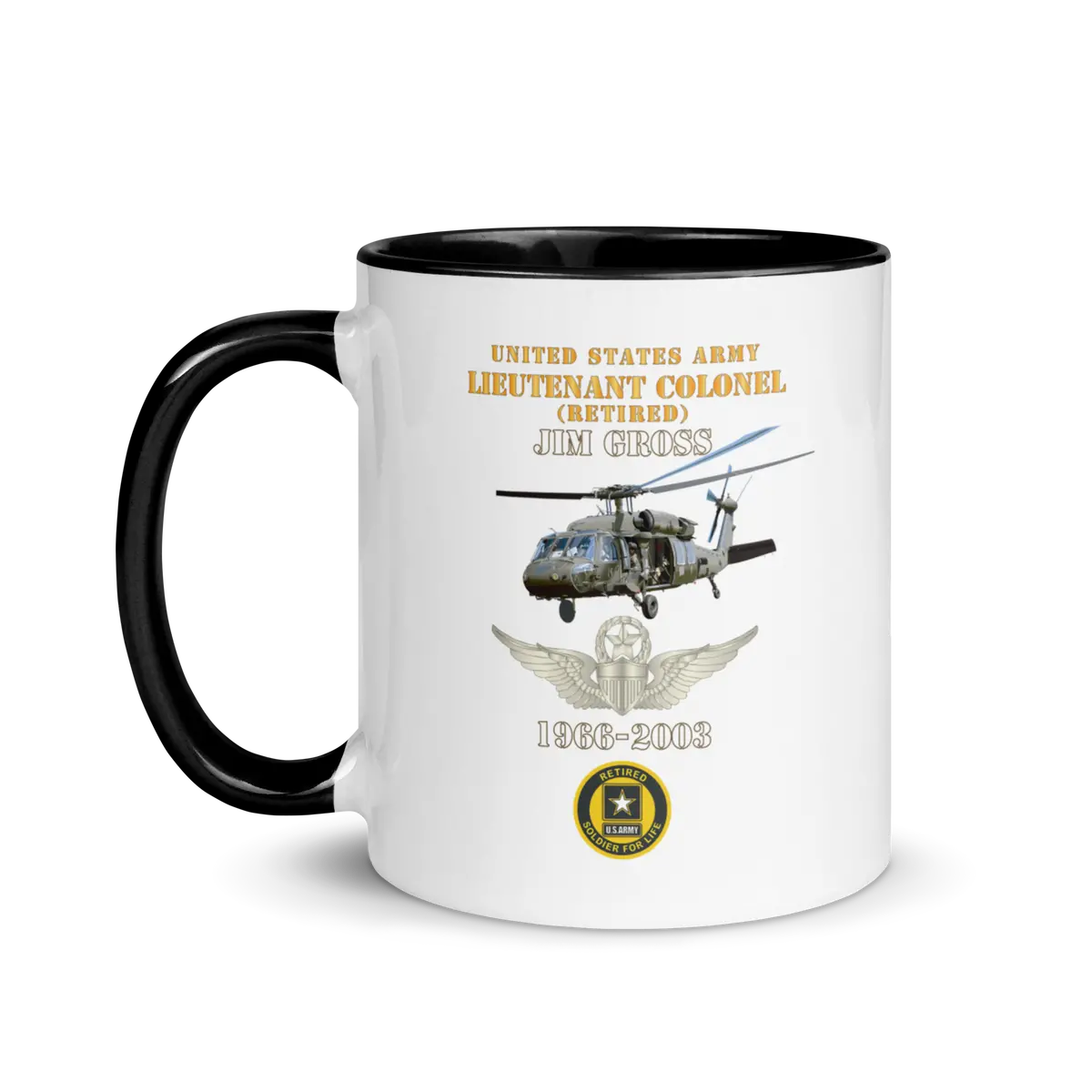 White Ceramic Mug With Color Inside - Army - Us Army - Ltc Jim Gross - Retired - Aviator Helmet Uh 60 Blackhawk - Soldier For Life - 1966-2003 - V1 X 300 11