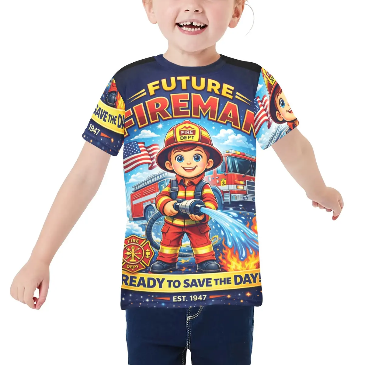 Little Kids' All Over Print Crew Neck T-Shirt - Young Patriot - Future Fireman 1