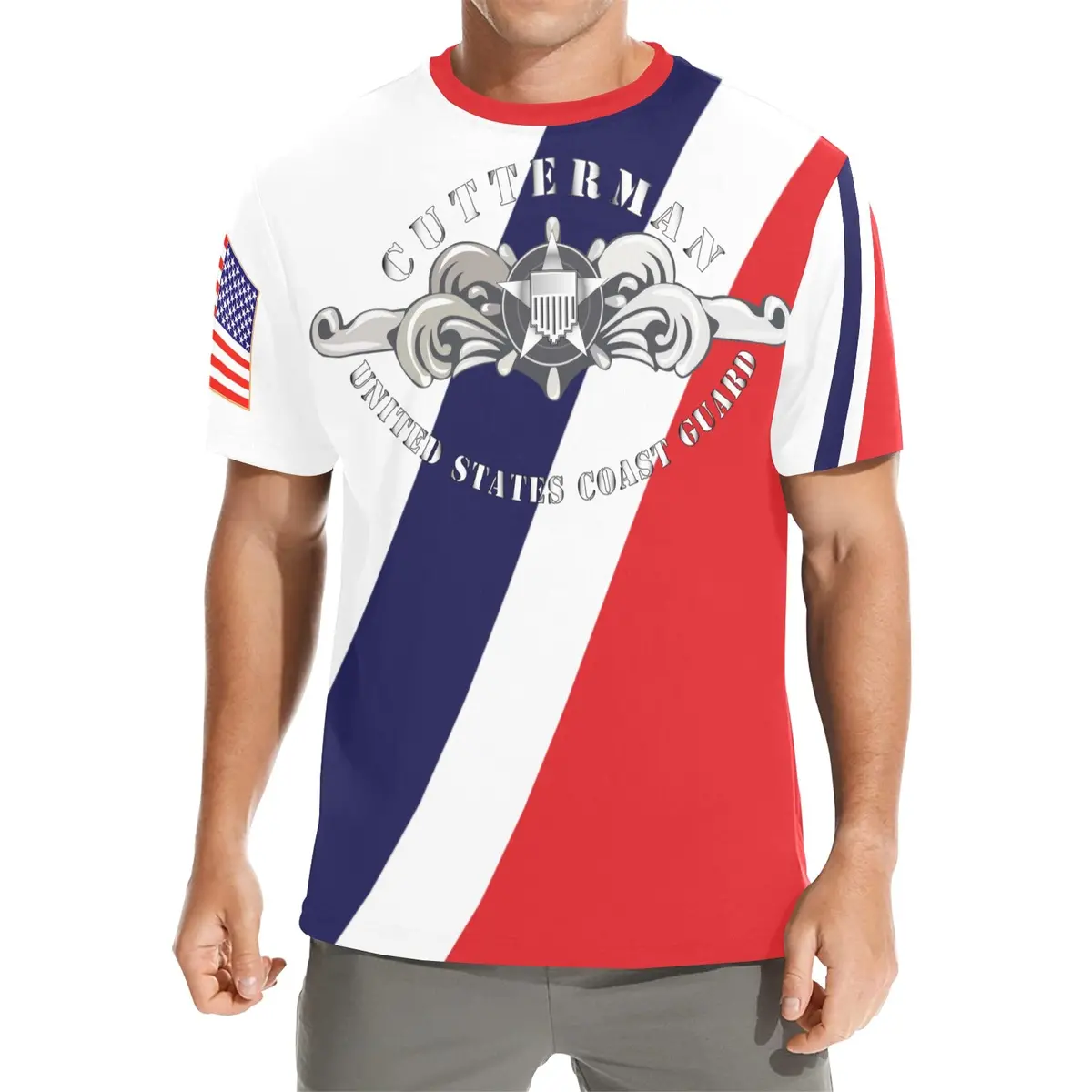 Men's All Over Print Crew Neck T-Shirt - Tribute Tee - Uscg - Cutterman Badge - Enlisted - Silver 1