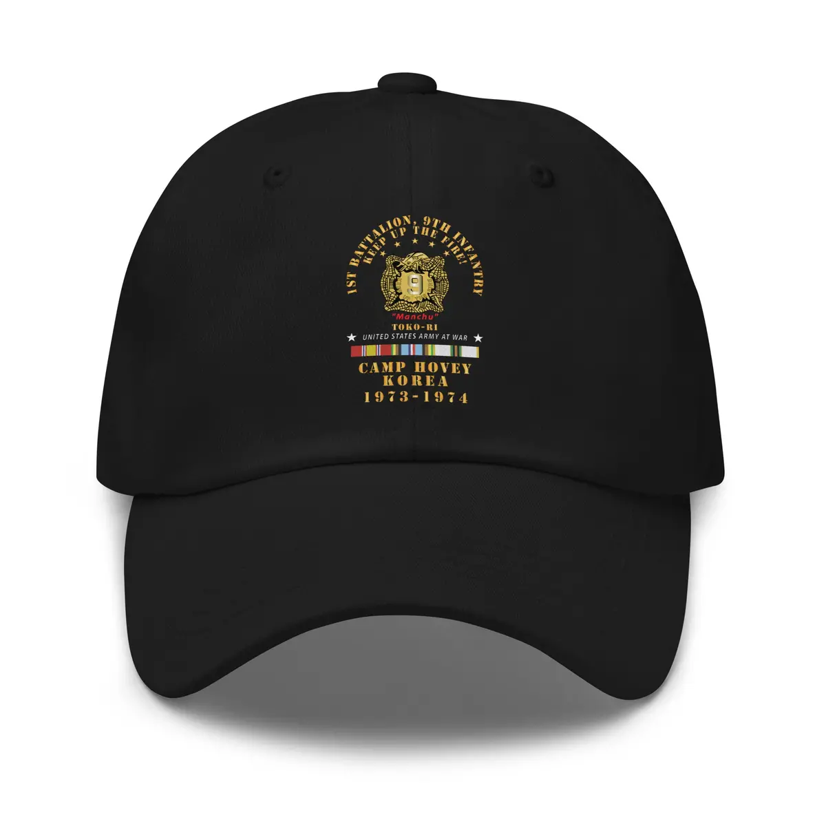 Dad Hat - Army - 1St Battalion, 9Th Infantry - Manchus - Keep Up The Fire - Camp Hovey Korea - Toko-Ri W Afem - Cold Svc - 1973-1974 X 300 1