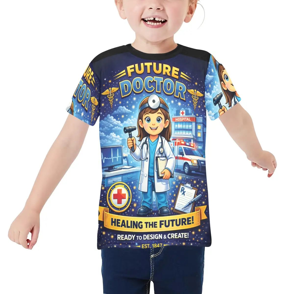 Little Kids' All Over Print Crew Neck T-Shirt - Young Patriot - Future Doctor - Female 1