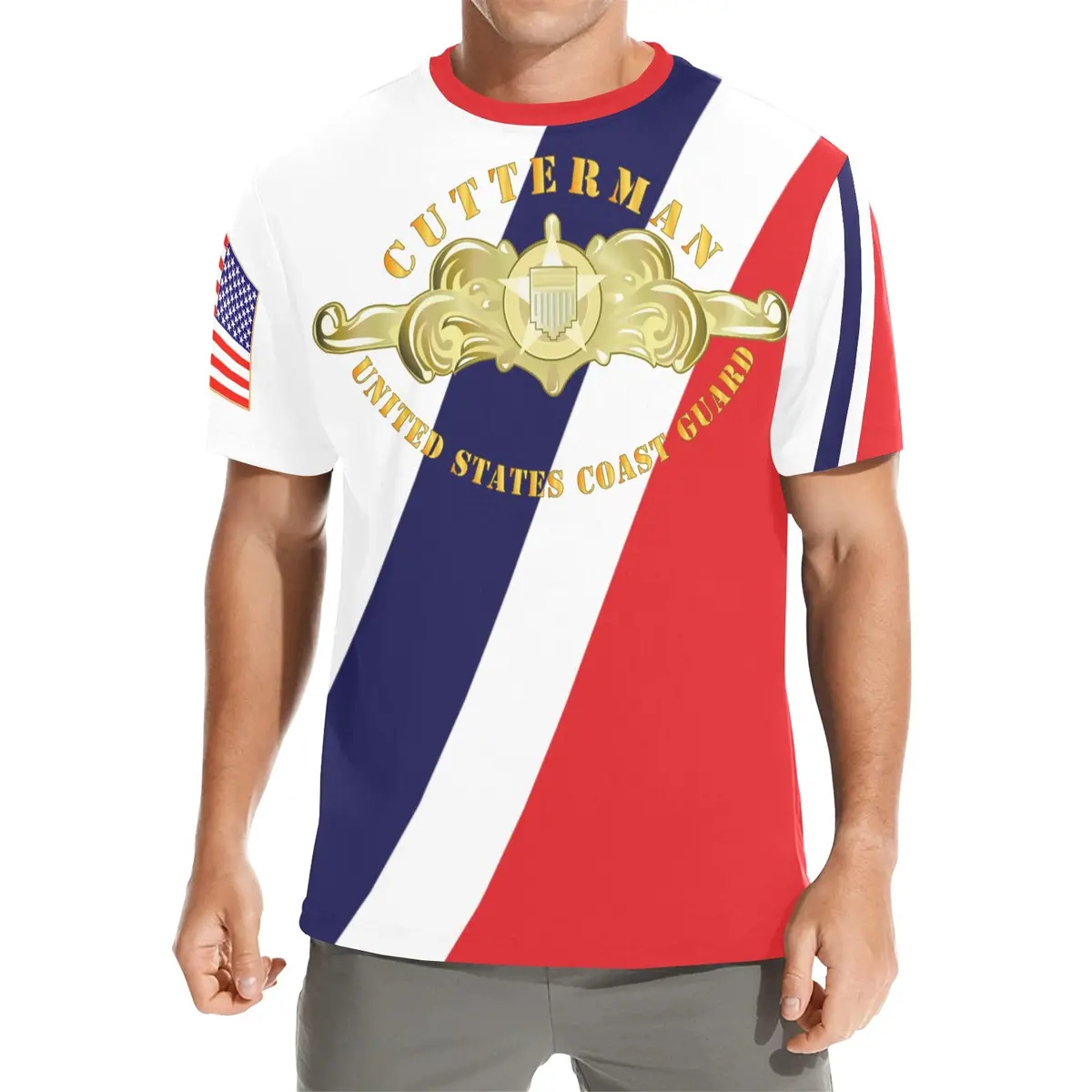 Men's All Over Print Crew Neck T-Shirt - Tribute Tee - Uscg - Cutterman Badge - Officer - Gold 4