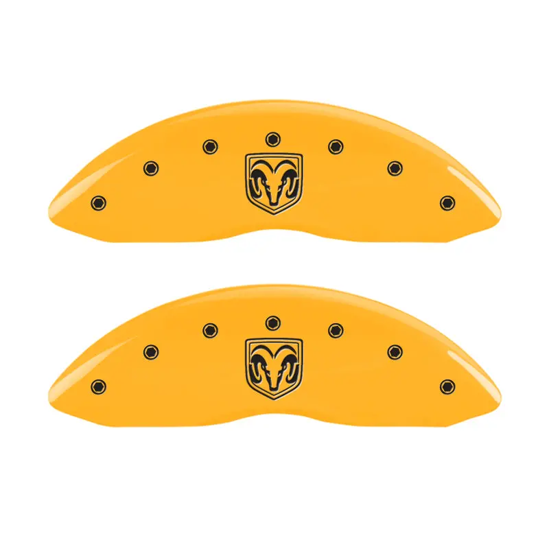 Mgp Engraved 4-Piston Caliper Covers – Front Ram Logo & Rear Ramhead Design, Yellow Finish On Black 1