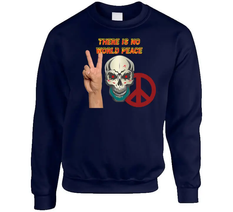 Edgy Military-Themed Skull T-Shirt Featuring Bold 'There Is No World Peace' Design in Flame Typography – Available as Crewneck Sweatshirt, Hoodie, Long Sleeve Shirt, and Ceramic Mug - Image 7