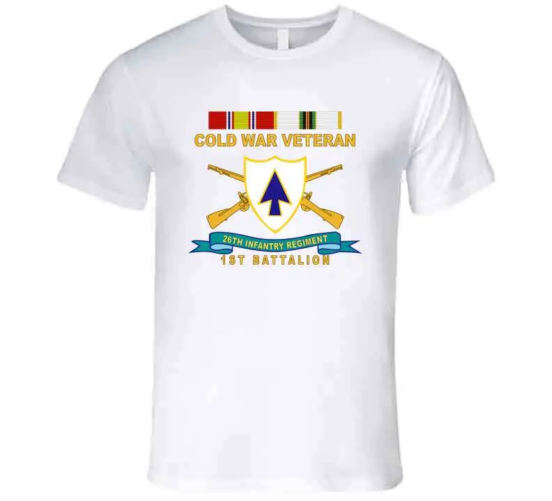 Official 26th Infantry Regiment T-shirt featuring distinctive unit insignia (DUI), bronze service ribbon, and Cold War service emblem for 1st Battalion - Image 20