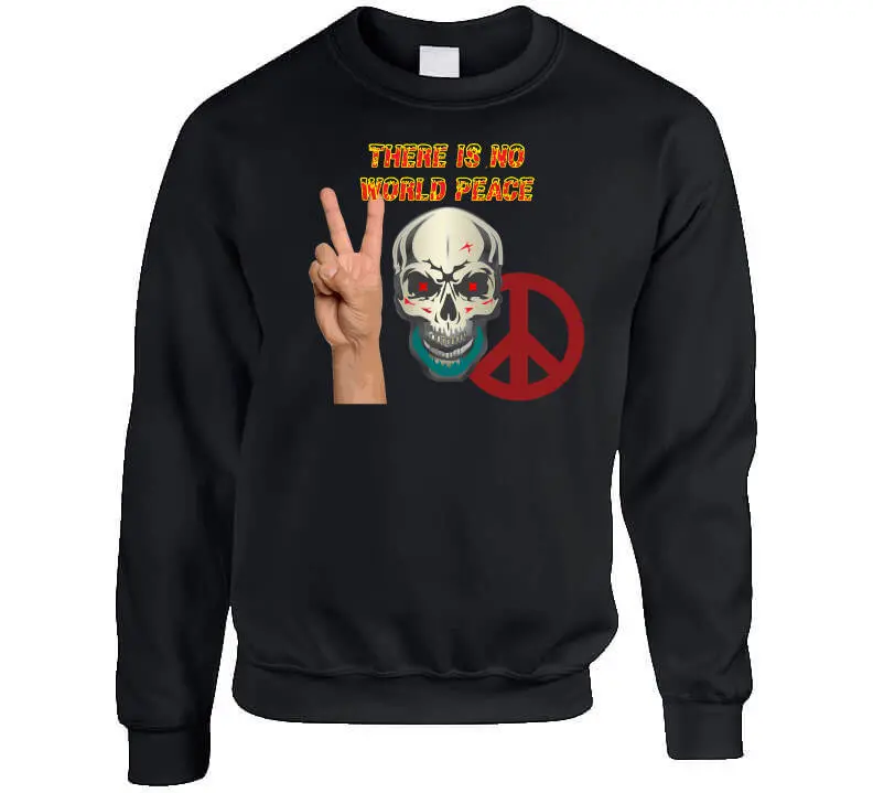 Edgy Military-Themed Skull T-Shirt Featuring Bold 'There Is No World Peace' Design in Flame Typography – Available as Crewneck Sweatshirt, Hoodie, Long Sleeve Shirt, and Ceramic Mug - Image 6