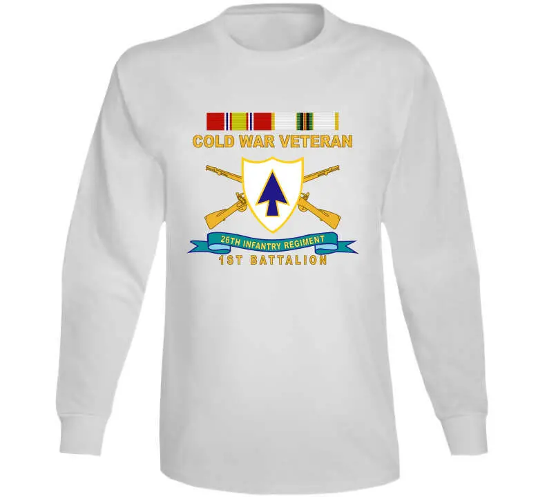 Official 26th Infantry Regiment T-shirt featuring distinctive unit insignia (DUI), bronze service ribbon, and Cold War service emblem for 1st Battalion - Image 14