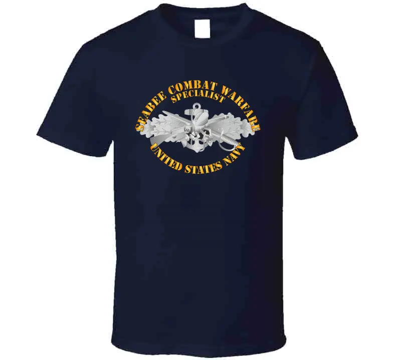 Navy - Seabee Combat Warfare, Specialist Badge, Emblem With Text - T-Shirts - Classic 1