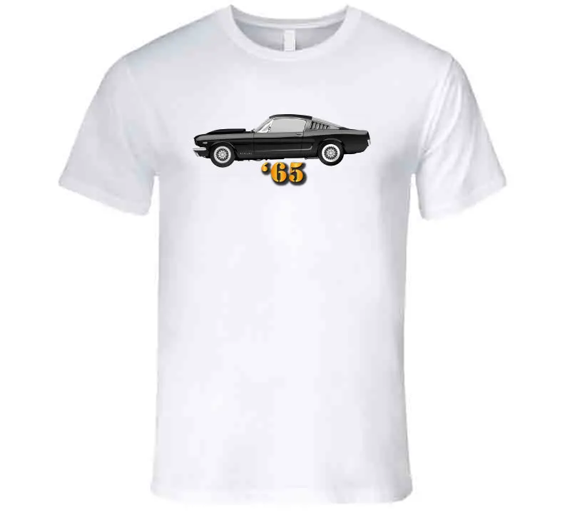 Stylish premium cotton t-shirt featuring a sleek midnight black 1965 Ford Mustang design