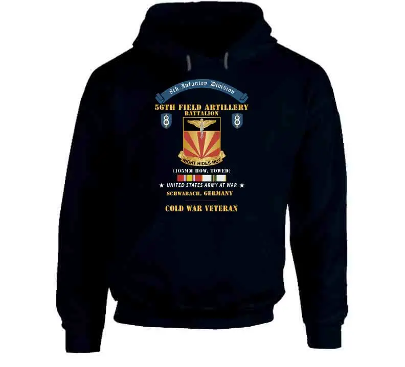 Retro Cold War T-shirt showcasing the 8th Infantry Division scroll and 56th Field Artillery Battalion insignia, commemorating U.S. Army service in Schwabach, Germany - Image 11