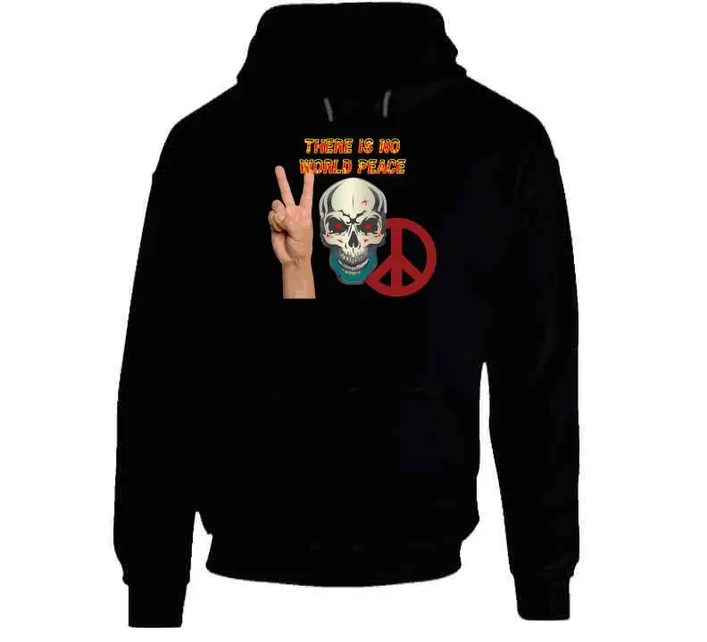 Edgy Military-Themed Skull T-Shirt Featuring Bold 'There Is No World Peace' Design in Flame Typography – Available as Crewneck Sweatshirt, Hoodie, Long Sleeve Shirt, and Ceramic Mug - Image 9