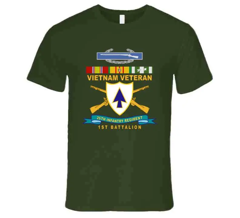 Official 26th Infantry Regiment T-shirt featuring Distinctive Unit Insignia (DUI), Bronze Ribbon, 1st Battalion designation, Combat Infantryman Badge (CIB), Vietnam Service Medal emblem, and 'X300' commemorative detail - Image 18