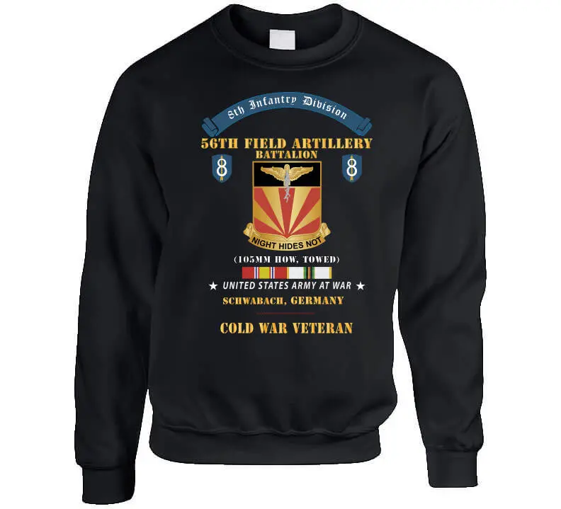 Retro Cold War T-shirt showcasing the 8th Infantry Division scroll and 56th Field Artillery Battalion insignia, commemorating U.S. Army service in Schwabach, Germany - Image 7