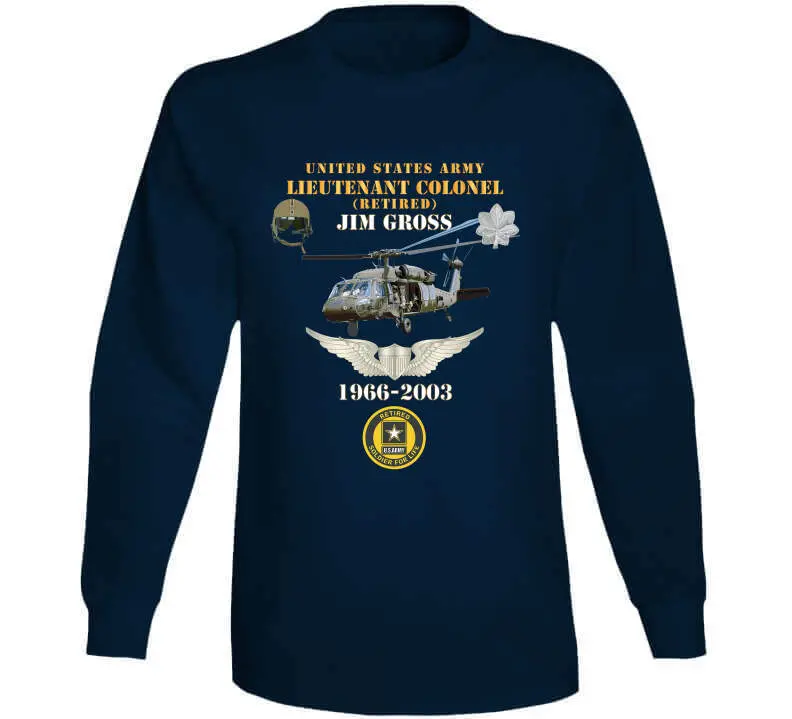 Honor retired US Army Lieutenant Colonel Jim Gross with this premium T-shirt showcasing his UH-60 Black Hawk aviator legacy—'Soldier for Life' service from 1966 to 2003. - Image 14