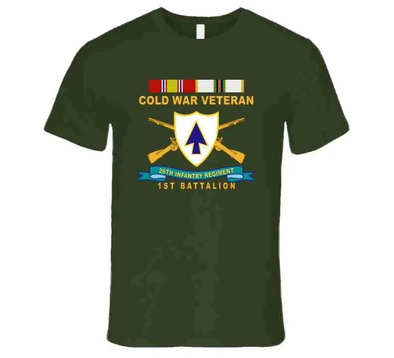 Official 26th Infantry Regiment T-shirt featuring distinctive unit insignia (DUI), bronze service ribbon, and Cold War service emblem for 1st Battalion - Image 18
