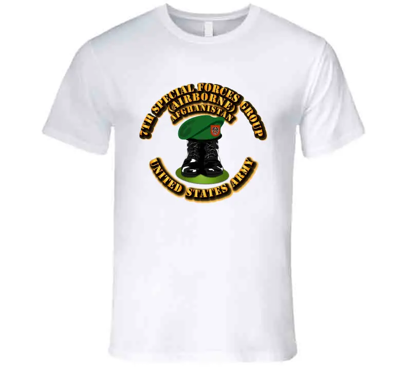Premium T-Shirt Featuring 7th SFG Special Operations Forces Theme with Boots and Beret – Afghanistan Inspired