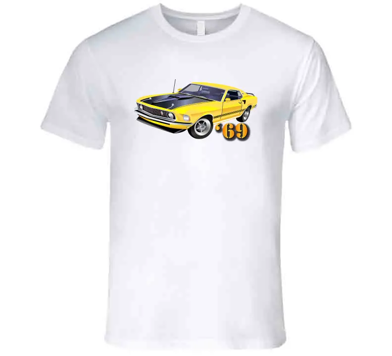 Premium soft cotton t-shirt featuring a bold vintage-inspired design of the iconic 1969 Ford Mach 1 in vibrant yellow