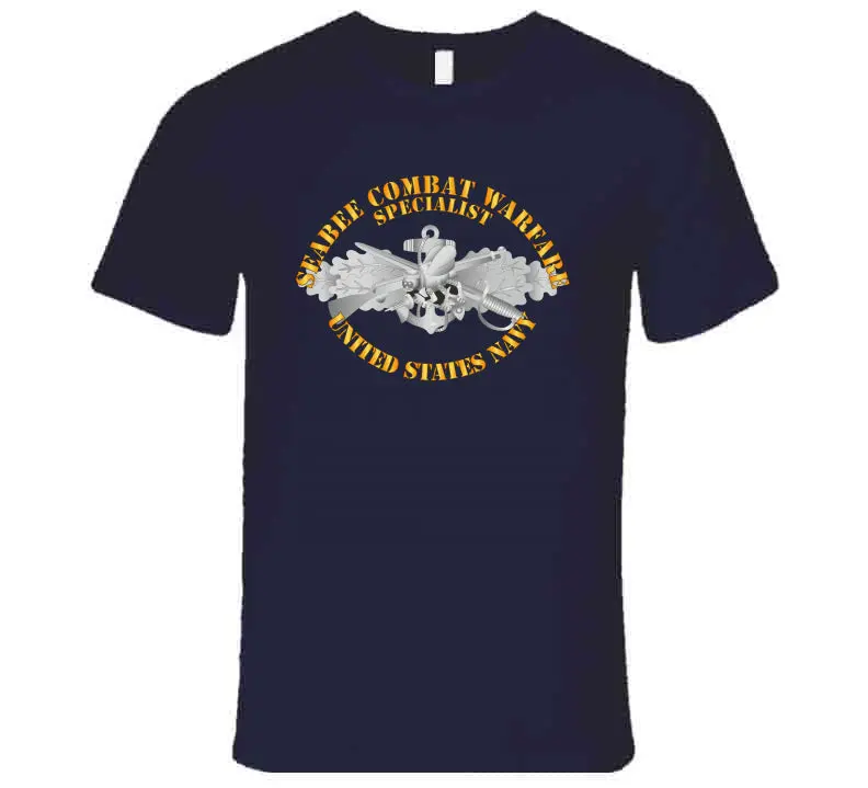 High-quality t-shirt featuring the official Navy Seabee Combat Warfare Specialist (SCWS) badge emblem with bold, clean text design