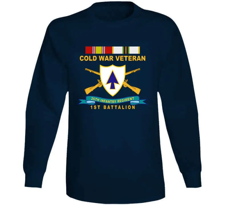 Official 26th Infantry Regiment T-shirt featuring distinctive unit insignia (DUI), bronze service ribbon, and Cold War service emblem for 1st Battalion - Image 13